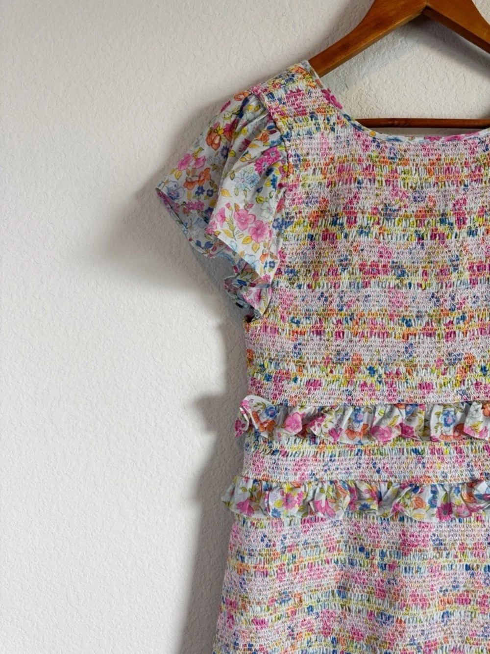 LoveShackFancy Sonora Floral Smocked Ruffle Mini Dress in Coral Reef Waves Sz L - Picture 8 of 11